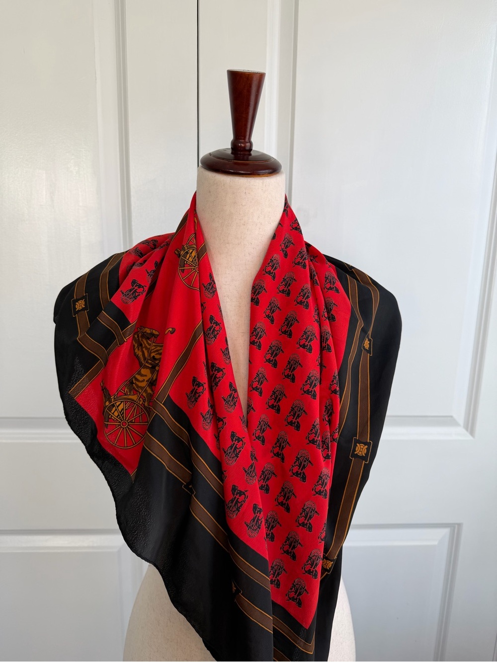 Vintage Hermes Paris Equestrian Silk Horse and Carriage Scarf Red and Black
